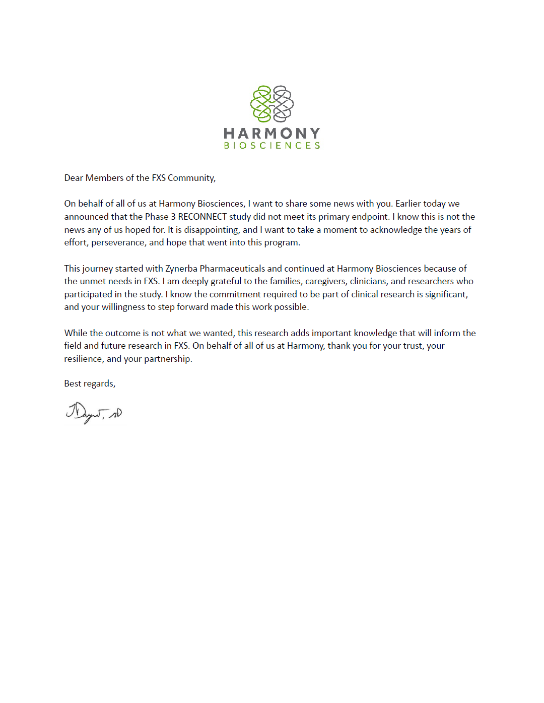 Screenshot of Harmony Biosciences’ September 24, 2025 community letter to the Fragile X community regarding the RECONNECT trial results.