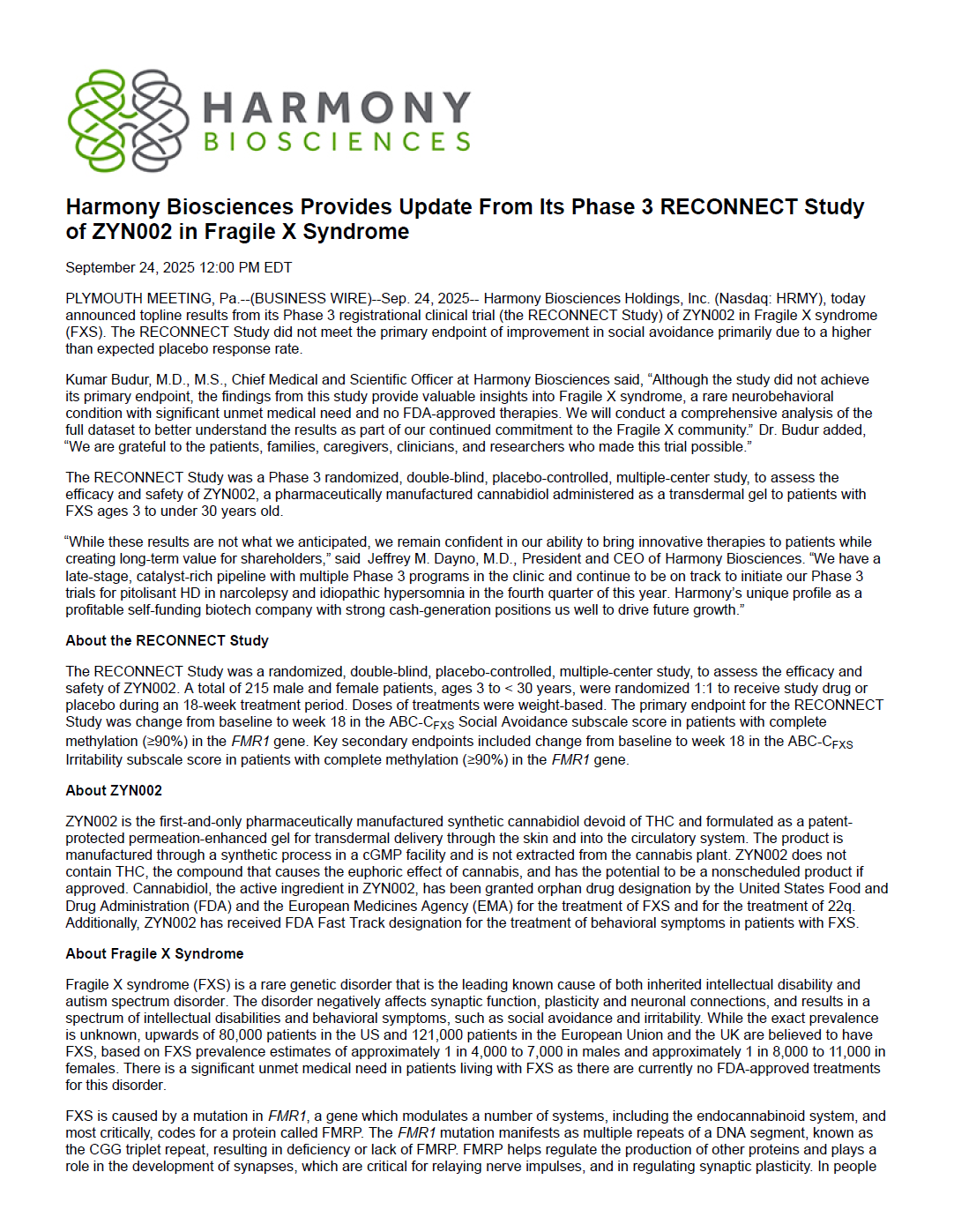 Screenshot of Harmony Biosciences’ September 24, 2025 press release announcing topline results from the Phase 3 RECONNECT trial of ZYN002 in Fragile X syndrome.