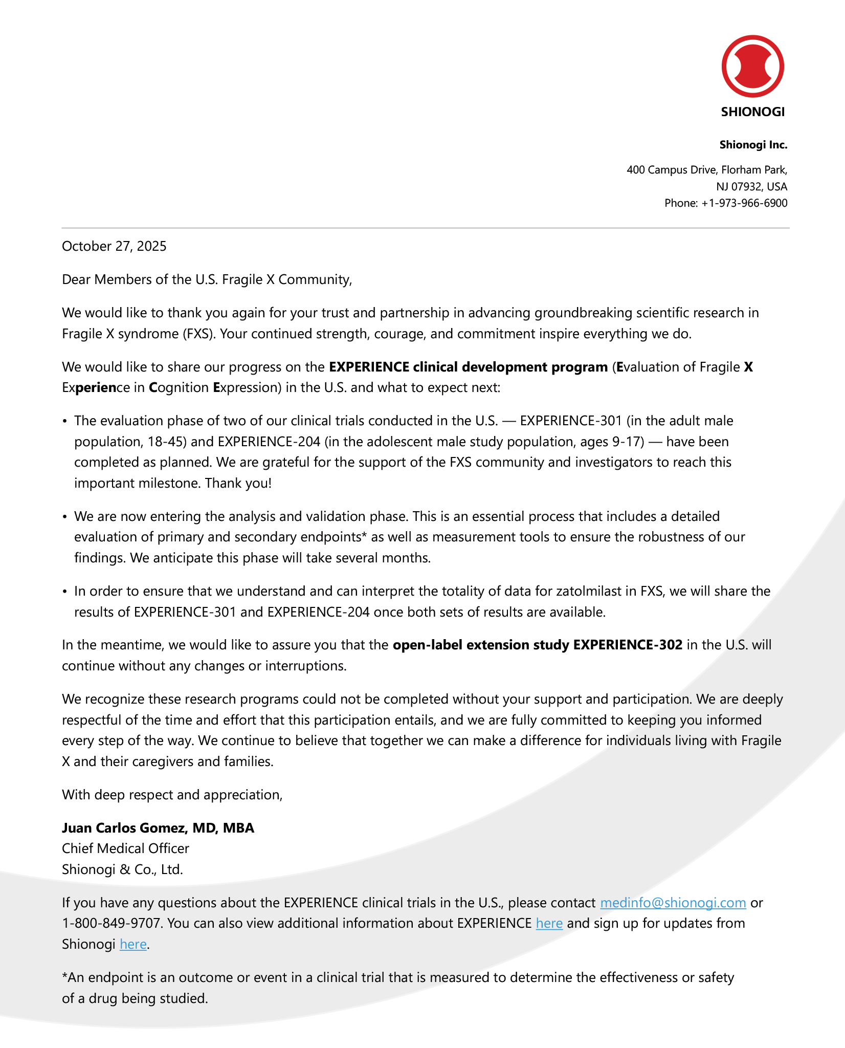 EXPERIENCE Update for FXS Community from Juan Carlos Gomez FINAL_ Shionogi’s October 2025 letter to the Fragile X community with an update on zatolmilast clinical trials in the U.S.