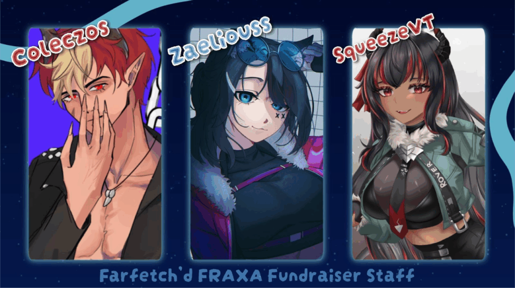 Digital artwork featuring VTuber avatars representing ColeCzos, Zaeliouss, and SqueezeVT, organizers of the Farfetch’d FRAXA Pokémon charity tournament.