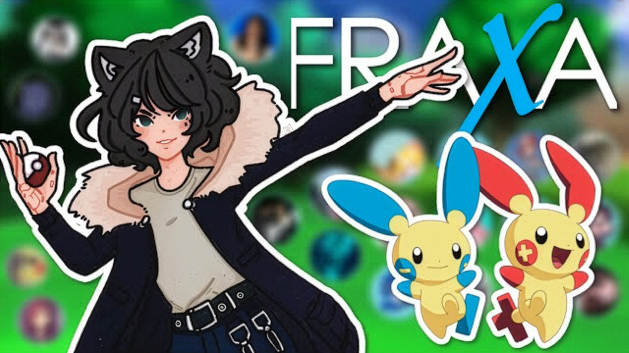 Digital illustration featuring Twitch streamer Zae as an animated character with Pokémon Plusle and Minun beside the FRAXA logo.