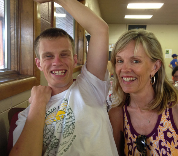 Taylor happy, with Debbie Taylor has Fragile X Syndrome; with mom, Debbie Stevenson