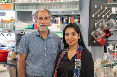 Dr. Joel Richter and Dr. Sneha Shah in their UMass Chan Medical School lab researching ASO therapy for Fragile X syndrome.