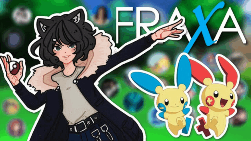 Digital illustration featuring Twitch streamer Zae as an animated character with Pokémon Plusle and Minun beside the FRAXA logo.