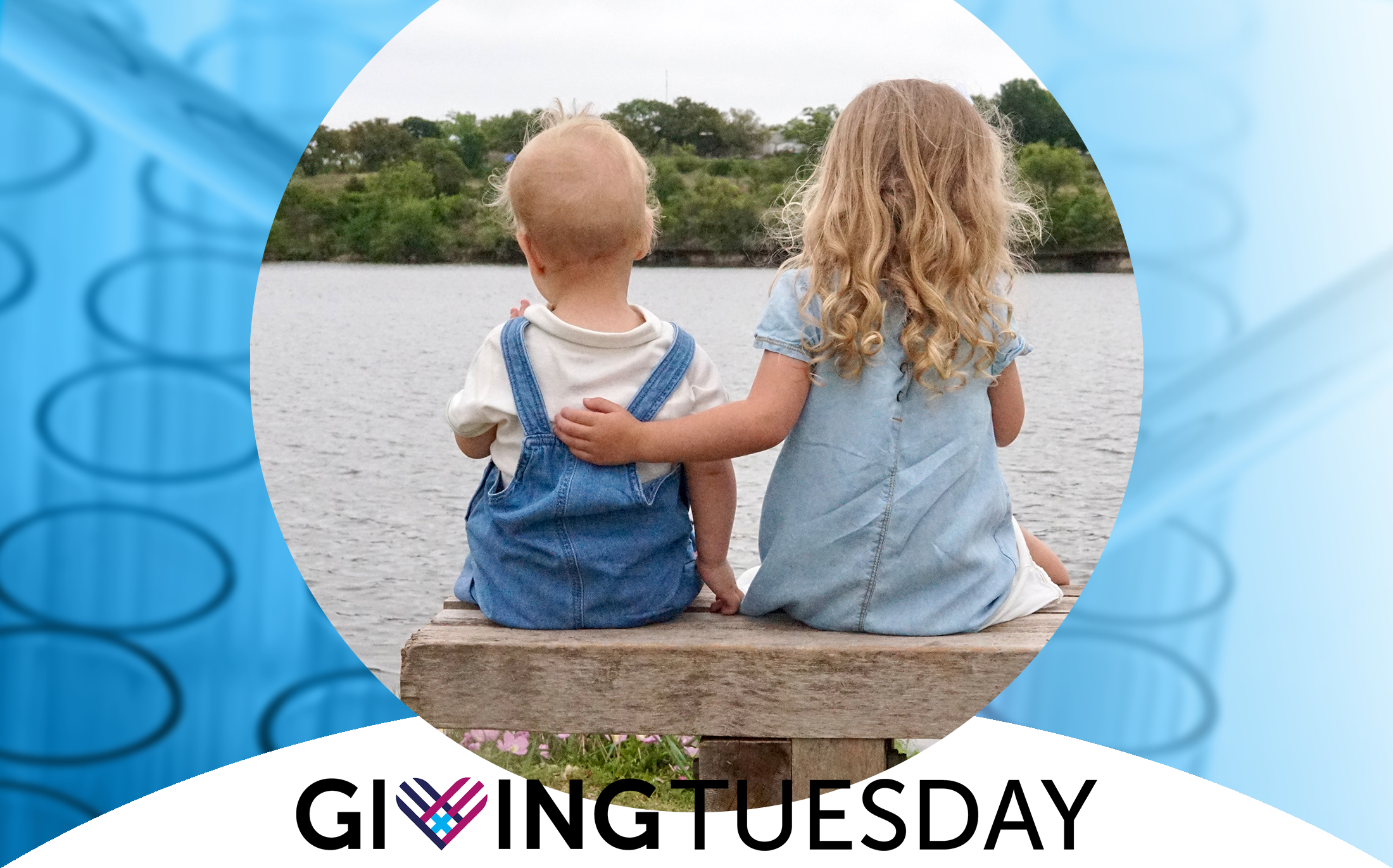 Two young children sitting together on a bench by the water with their arms around each other, framed in a circular cutout over a soft blue scientific background with test tubes.
