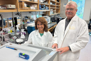 Drs. Oswald Steward and Patricia Pirbhoy in their laboratory, studying RNA localization and gene activity in Fragile X syndrome using spatial transcriptomics.