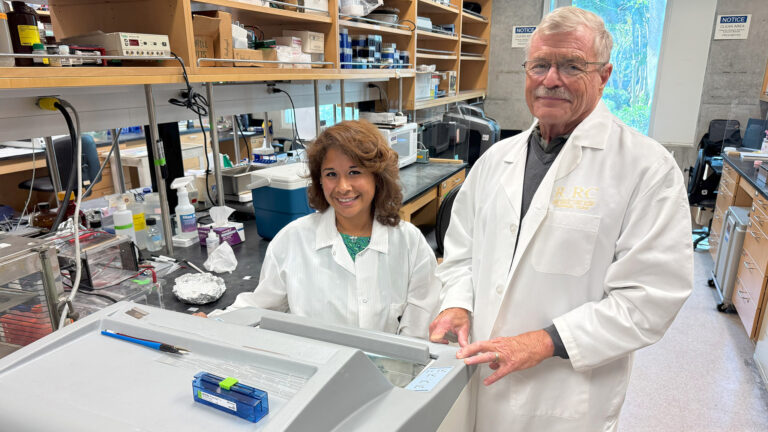 Drs. Oswald Steward and Patricia Pirbhoy in their laboratory, studying RNA localization and gene activity in Fragile X syndrome using spatial transcriptomics.