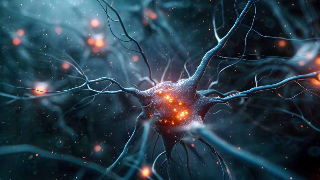 Close-up illustration of a neuron and synapses symbolizing brain signaling and BK channel activity in Fragile X syndrome