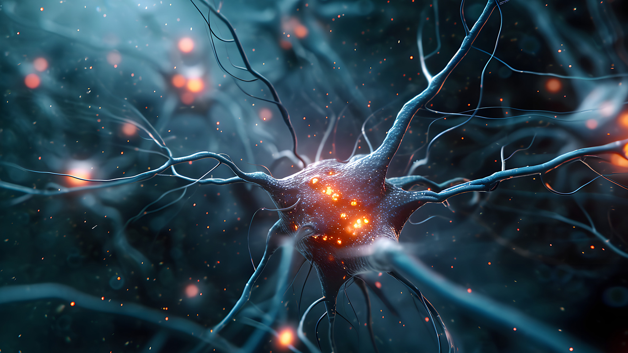 Close-up illustration of a neuron and synapses symbolizing brain signaling and BK channel activity in Fragile X syndrome