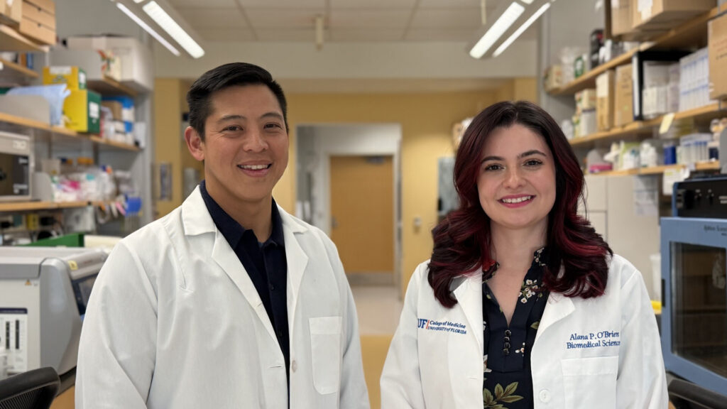 Eric Wang and Alana O’Brien, researchers at the University of Florida working on an FMRP autoregulation gene therapy project for Fragile X syndrome.