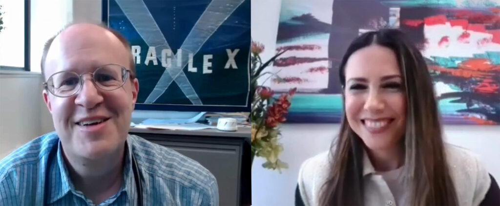 Craig Erickson, MD (left) and Stella Sarraf, PhD (right) on a video call for the Spinogenix SPG601 Fragile X clinical trial.