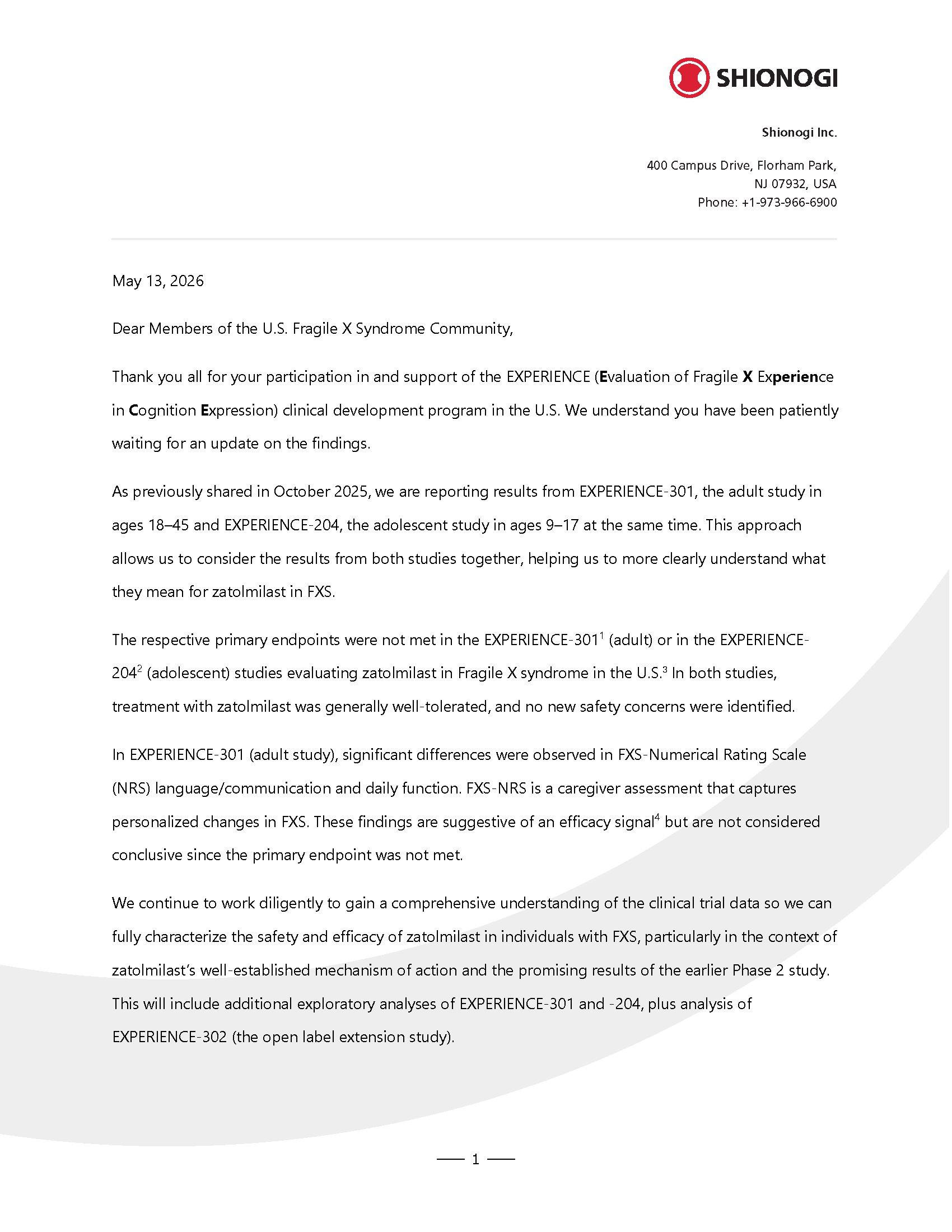 Page 1 of Shionogi’s letter to the Fragile X community about the EXPERIENCE clinical trial update for zatolmilast
