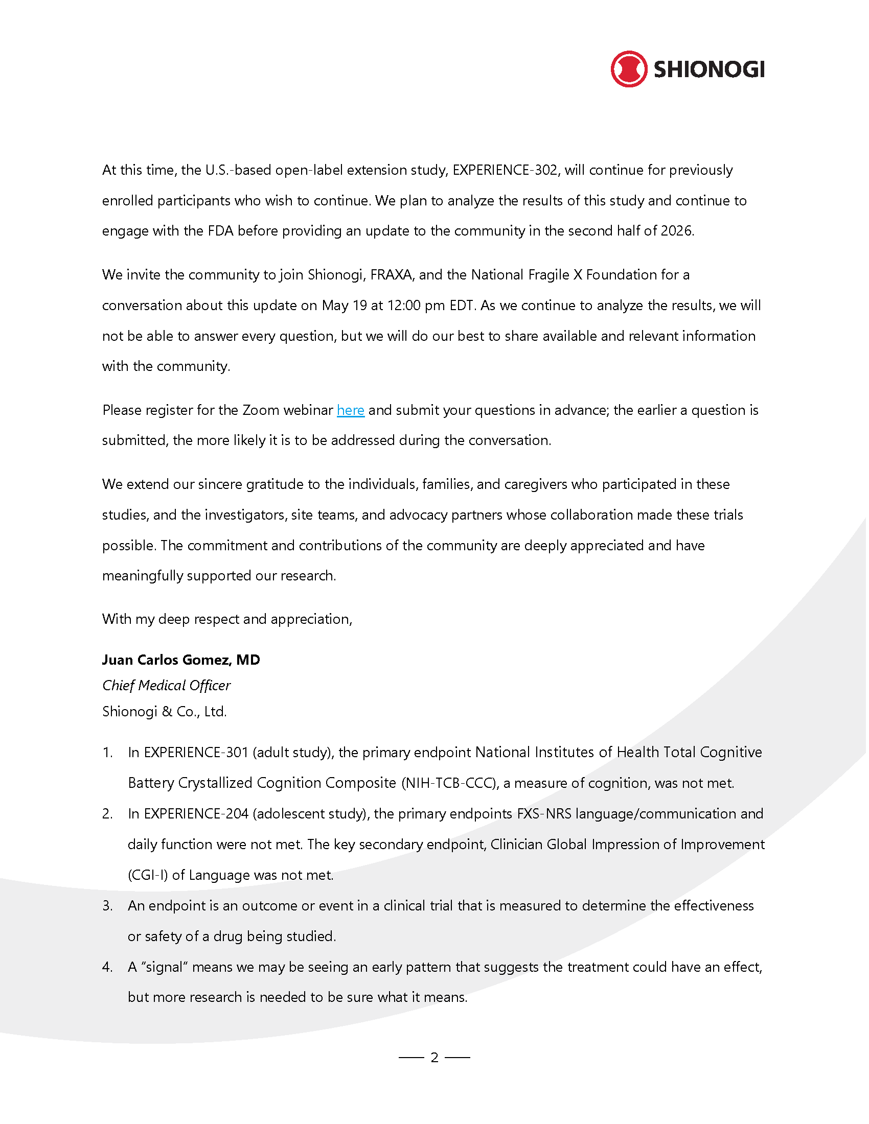 Page 2 of Shionogi’s letter to the Fragile X community with next steps and webinar invitation