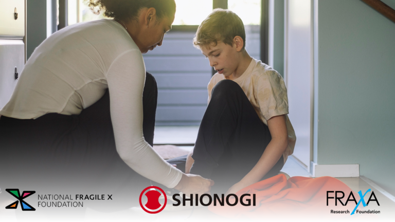 Caregiver and child featured in promotional image for the Fragile X community webinar hosted by FRAXA, the National Fragile X Foundation, and Shionogi