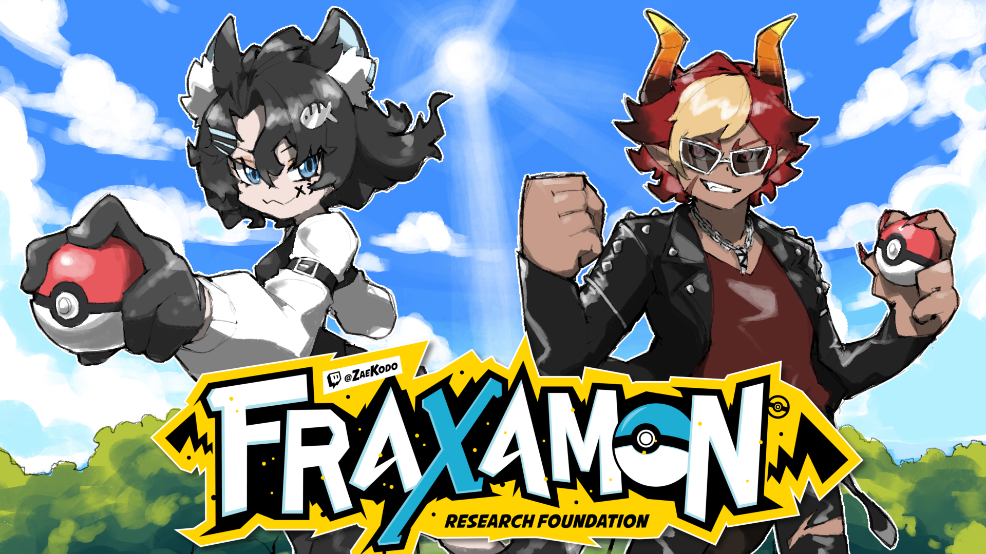 FRAXAMON fundraiser graphic featuring anime-style trainers above the FRAXAMON Research Foundation logo