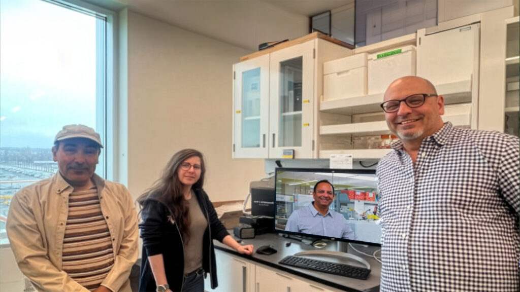 Researchers Rachid Mazroui, Emeline Lelong, Samer Mohamed Hussein, and Karun Singh collaborate on a FRAXA-funded Fragile X syndrome study using human brain models.