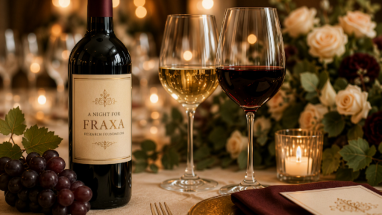 Wine bottle and glasses arranged for A Night for FRAXA wine tasting and silent auction