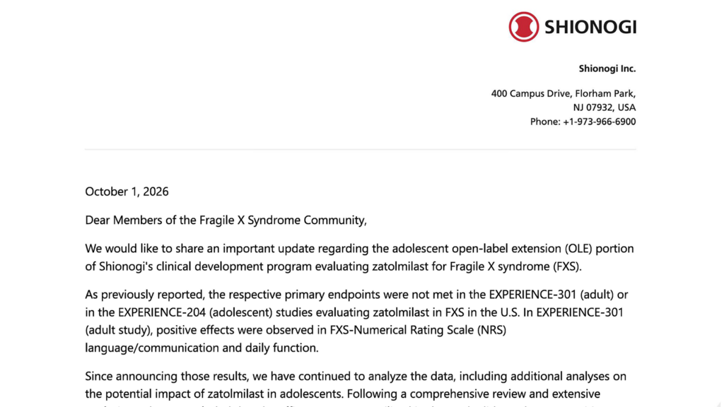 Page 1 of Shionogi’s October 1, 2026 letter announcing the end of adolescent participation in the zatolmilast open-label extension.