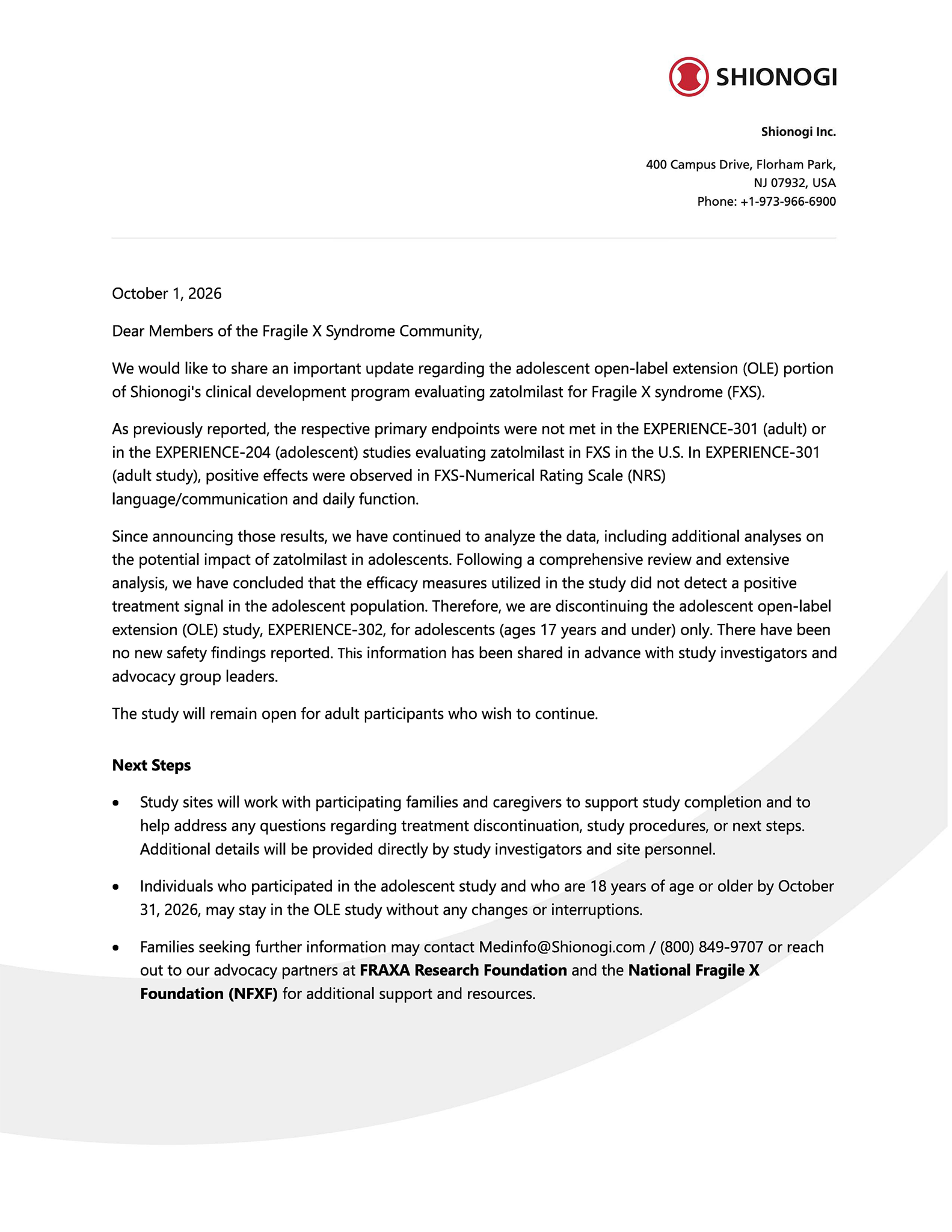 Page 1 of Shionogi’s October 1, 2026 letter announcing the end of adolescent participation in the zatolmilast open-label extension.