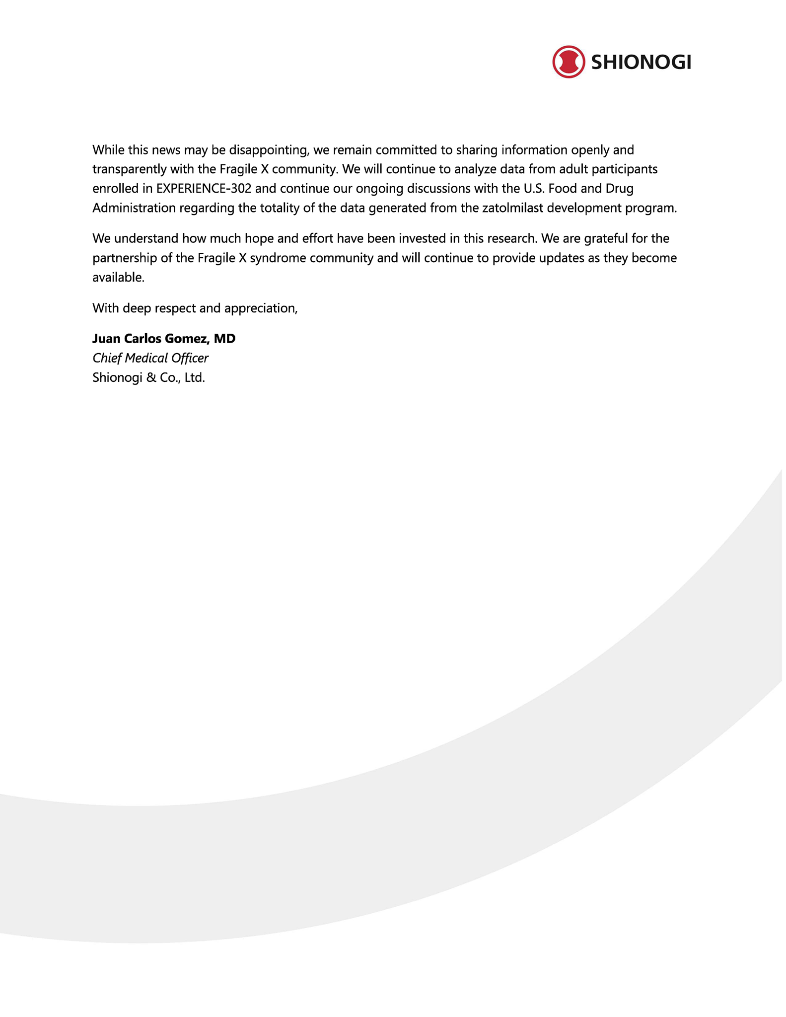 Page 2 of Shionogi’s zatolmilast community letter, describing continued adult data analysis and discussions with the FDA.